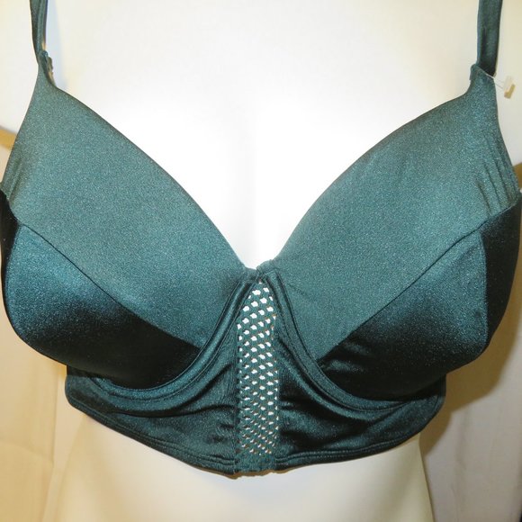 Cacique Bikini Top 46D Green Balconette Bra Swim Suit Pin Up Top Underwire Plus - Picture 2 of 5